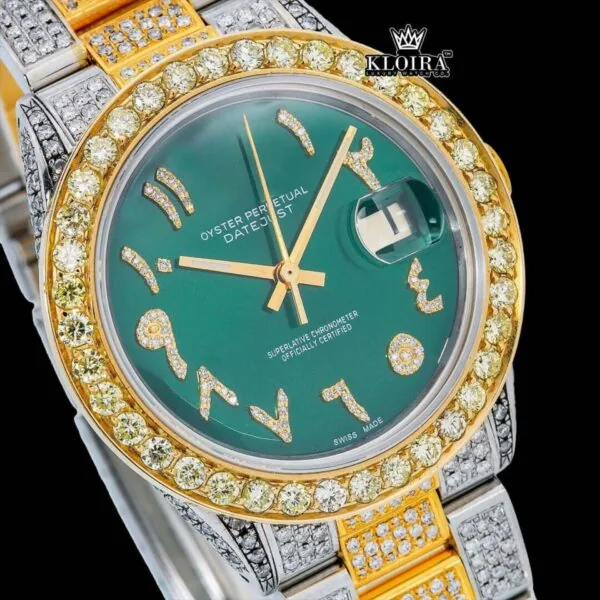 Green Arabic Dial Presidential Watch Moissanite Diamond 14K Gold 42mm Close Up Dial View