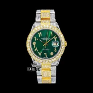 Green Arabic Dial Two Tone Iced Out Moissanite Diamond Watch