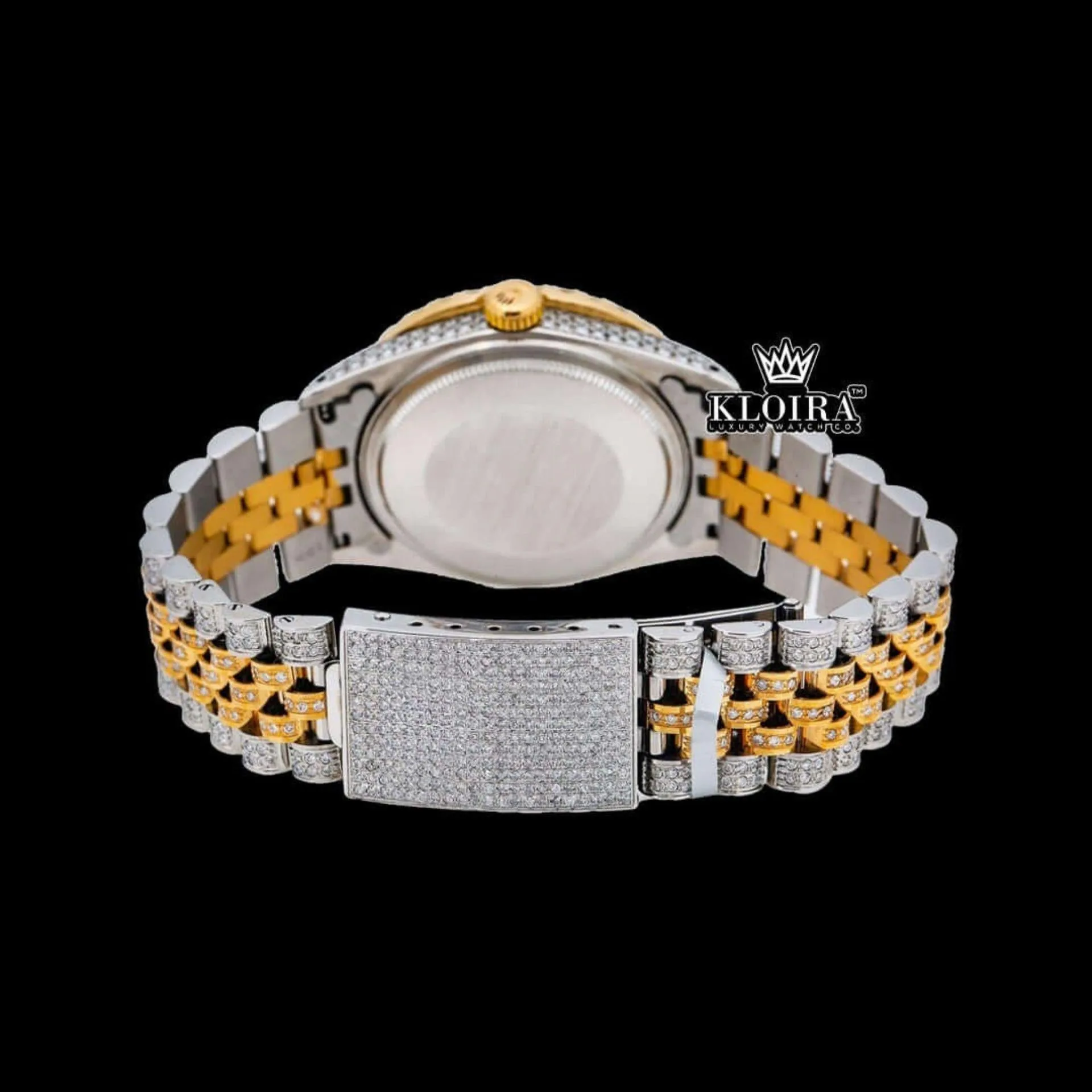 Green Arabic Dial Two Tone Diamond Link Strap Moissanite Watch Caseback View
