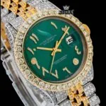 Green Arabic Dial Two Tone Diamond Link Strap Moissanite Watch Close Up Dial View
