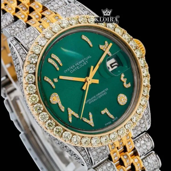 Green Arabic Dial Two Tone Diamond Link Strap Moissanite Watch Close Up Dial View
