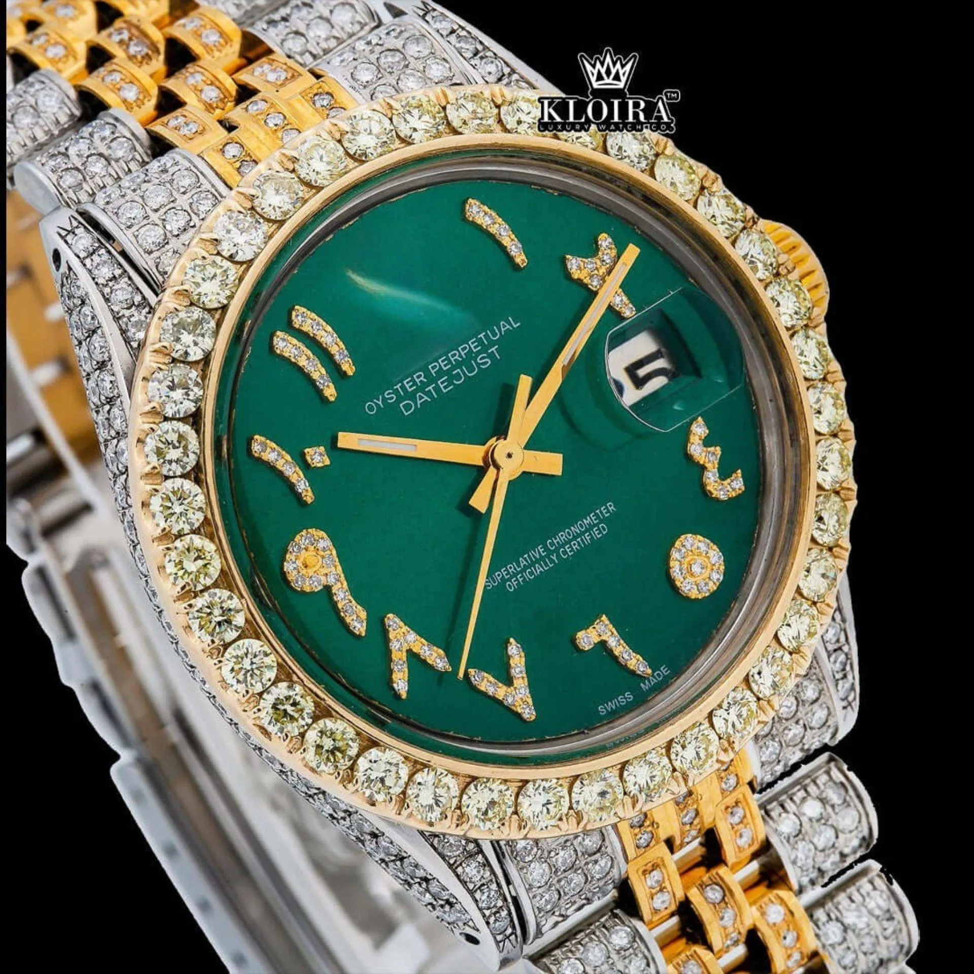 Green Arabic Dial Two Tone Diamond Link Strap Moissanite Watch Close Up Dial View
