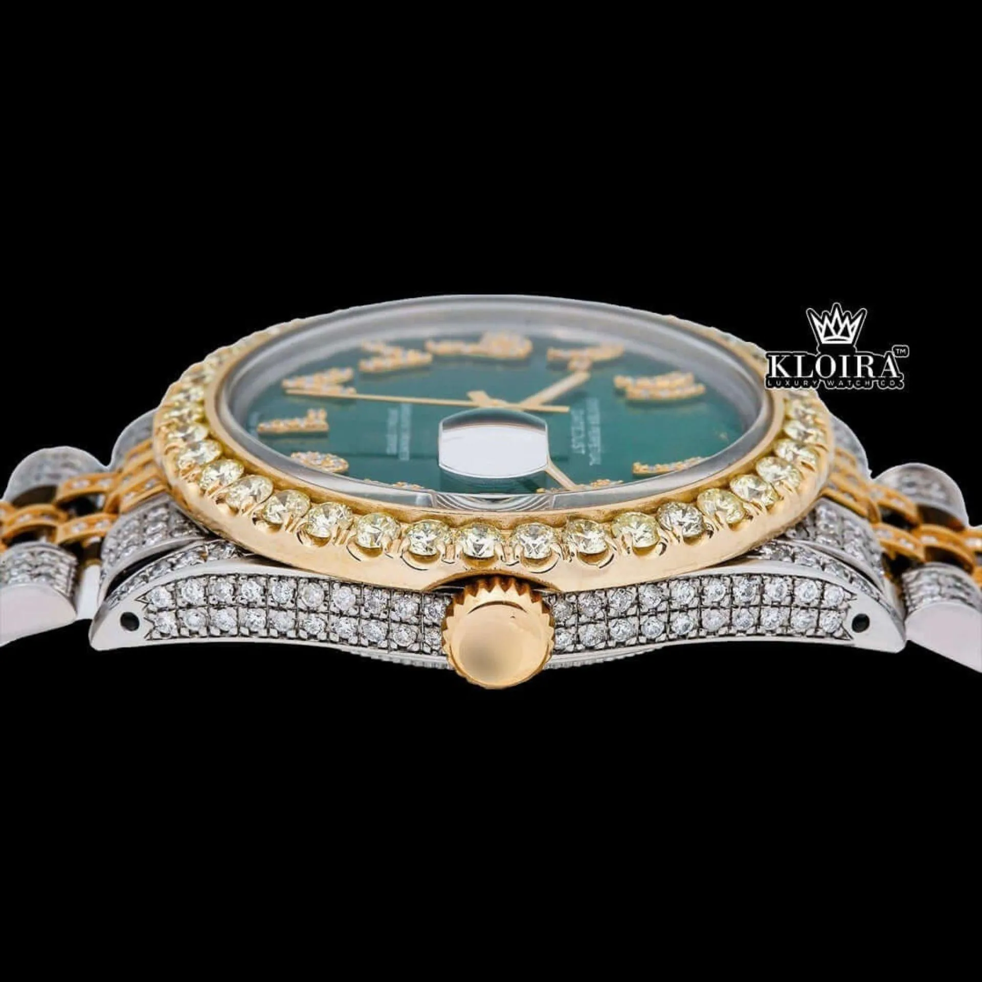 Green Arabic Dial Two Tone Diamond Link Strap Moissanite Watch Crown View