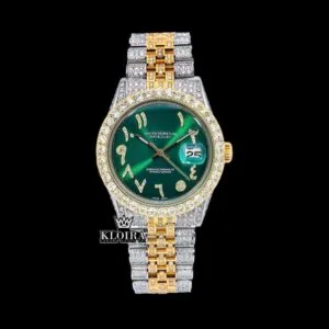 Green Arabic Dial Two Tone Diamond Link Strap Moissanite Watch