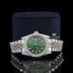 Green Dial Date Display Two Tone Rose Gold Natural Diamond Watch Close Up Front View