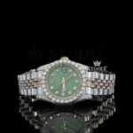 Green Dial Date Display Two Tone Rose Gold Natural Diamond Watch Front View