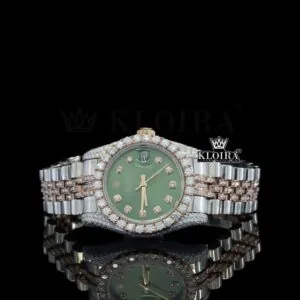 Green Dial Date Display Two Tone Rose Gold Natural Diamond Watch
