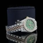 Green Dial Date Display Two Tone Rose Gold Natural Diamond Watch Right Side View
