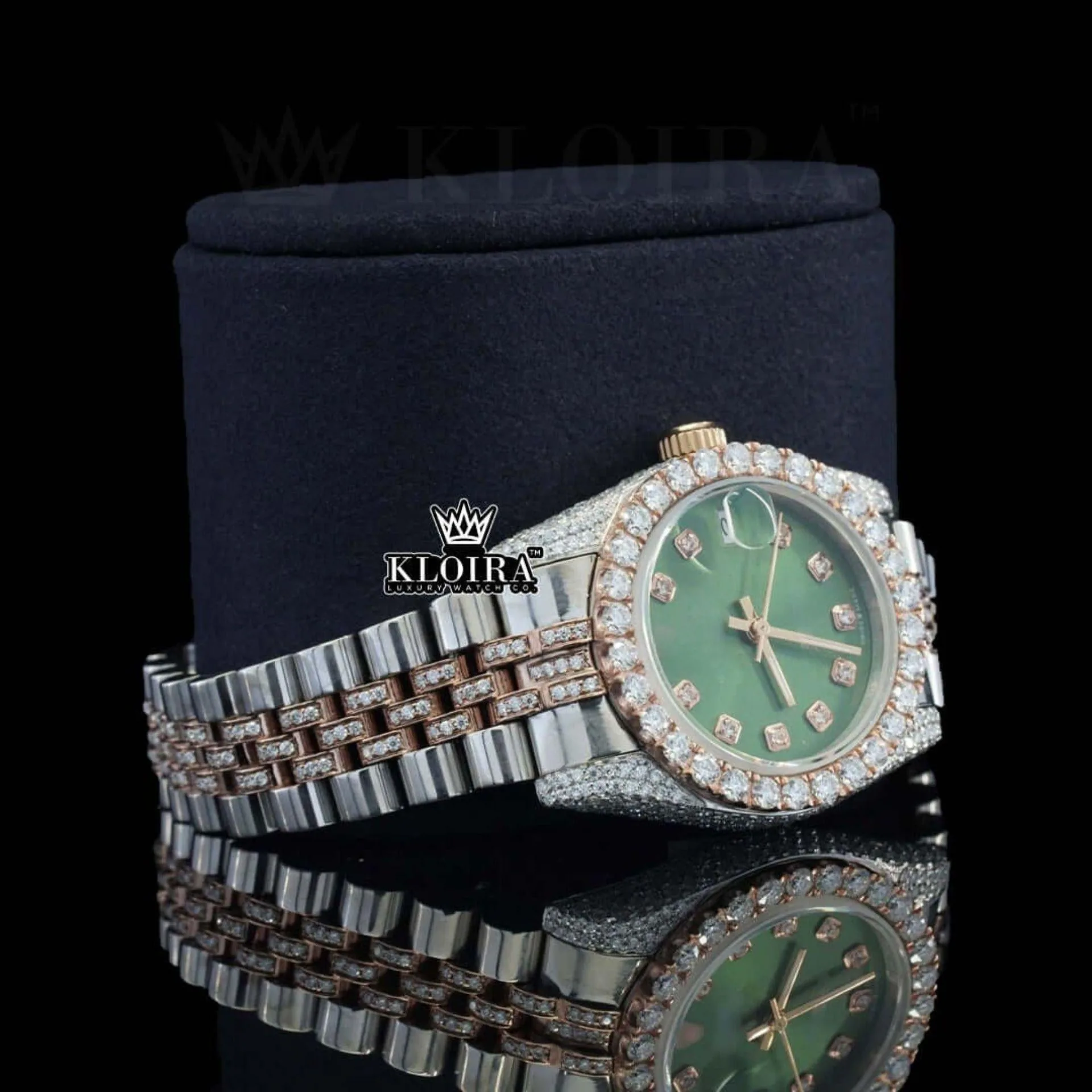 Green Dial Date Display Two Tone Rose Gold Natural Diamond Watch Right Side View