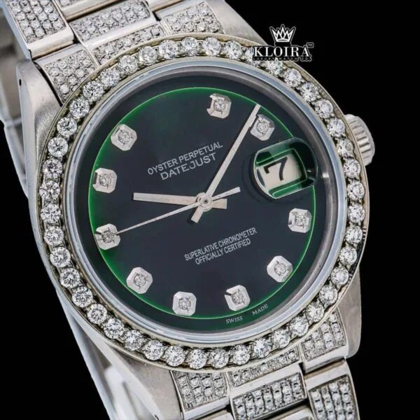 Green Dial Diamond Markers Iced Out Moissanite Diamond Watch Close Up Dial View