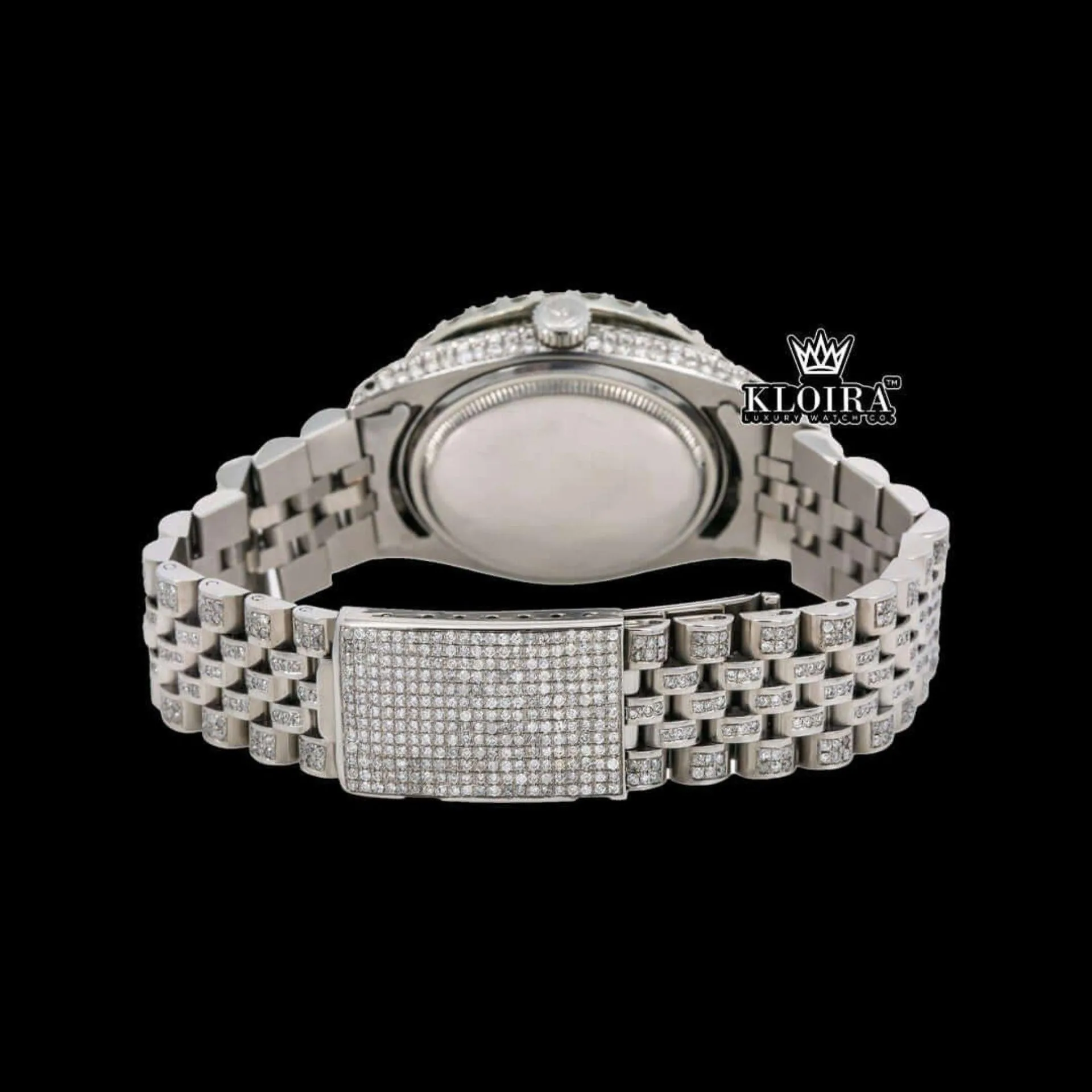 Green Dial Roman Numerals Iced Out Moissanite Diamond Watch Caseback View