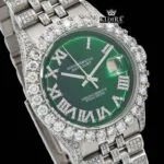Green Dial Roman Numerals Iced Out Moissanite Diamond Watch Close Up Dial View