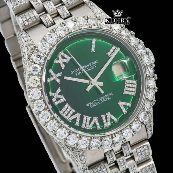 Green Dial Roman Numerals Iced Out Moissanite Diamond Watch Close Up Dial View