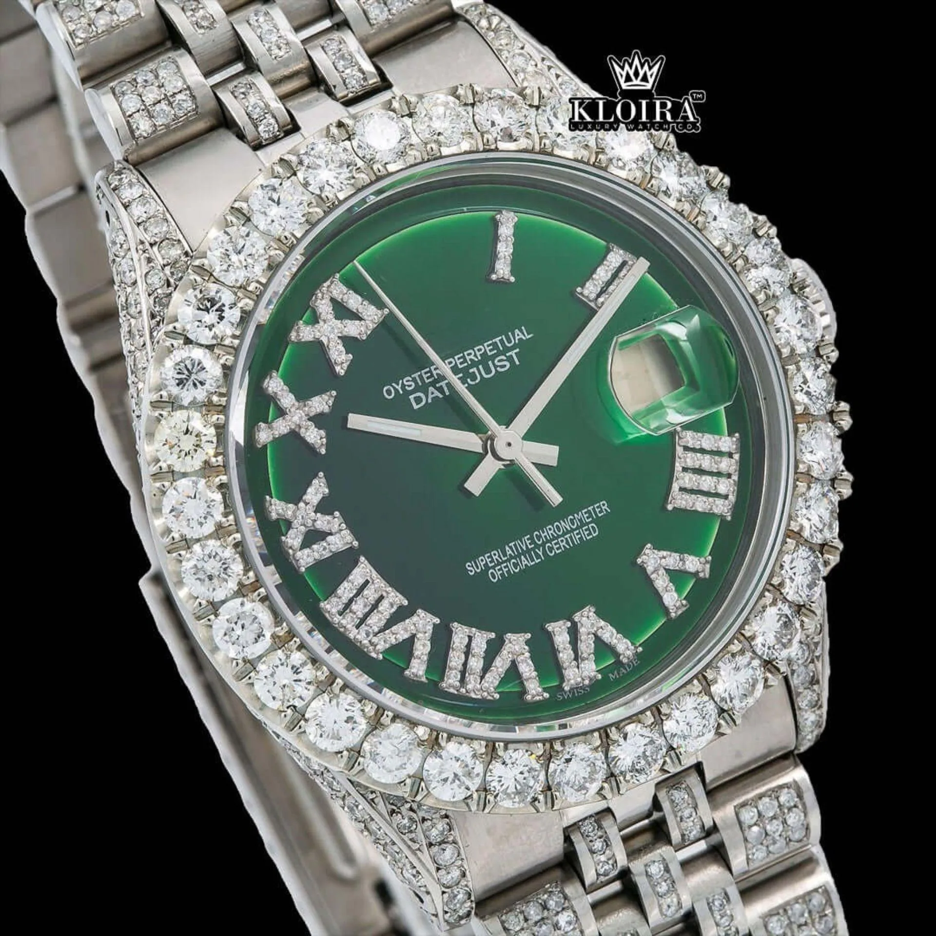 Green Dial Roman Numerals Iced Out Moissanite Diamond Watch Close Up Dial View