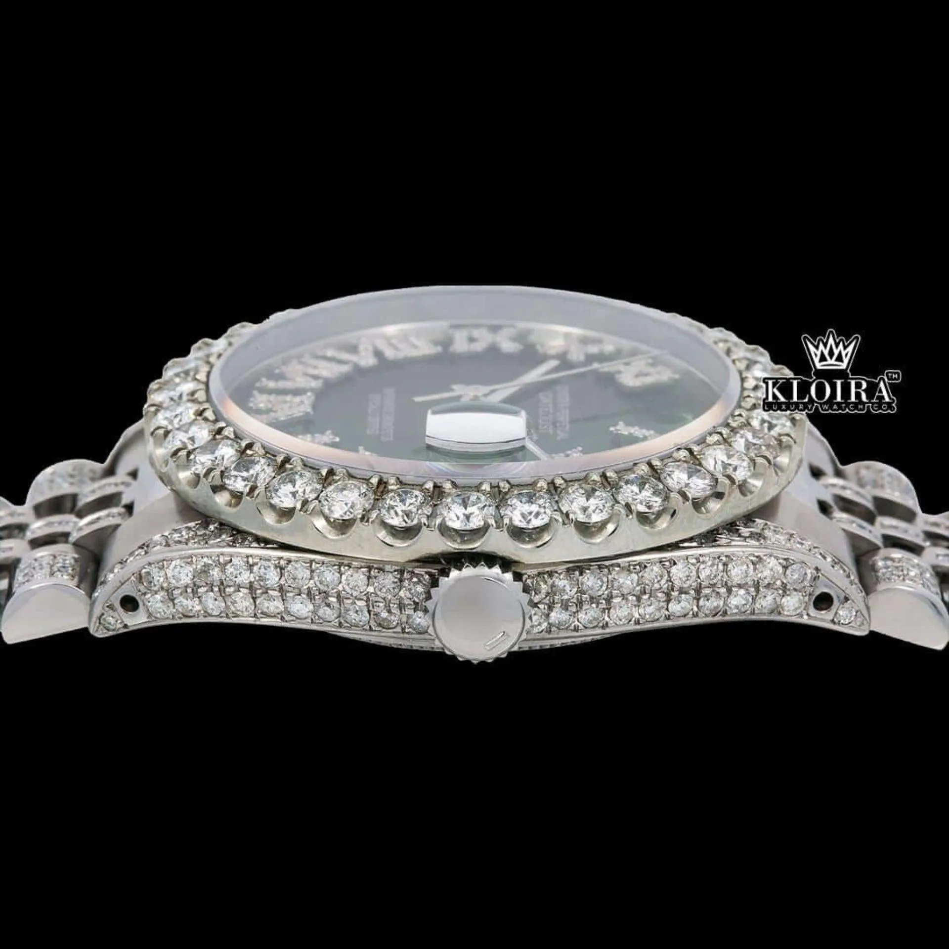 Green Dial Roman Numerals Iced Out Moissanite Diamond Watch Crown View