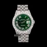 Green Dial Roman Numerals Iced Out Moissanite Diamond Watch