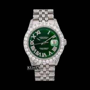 Green Dial Roman Numerals Iced Out Moissanite Diamond Watch