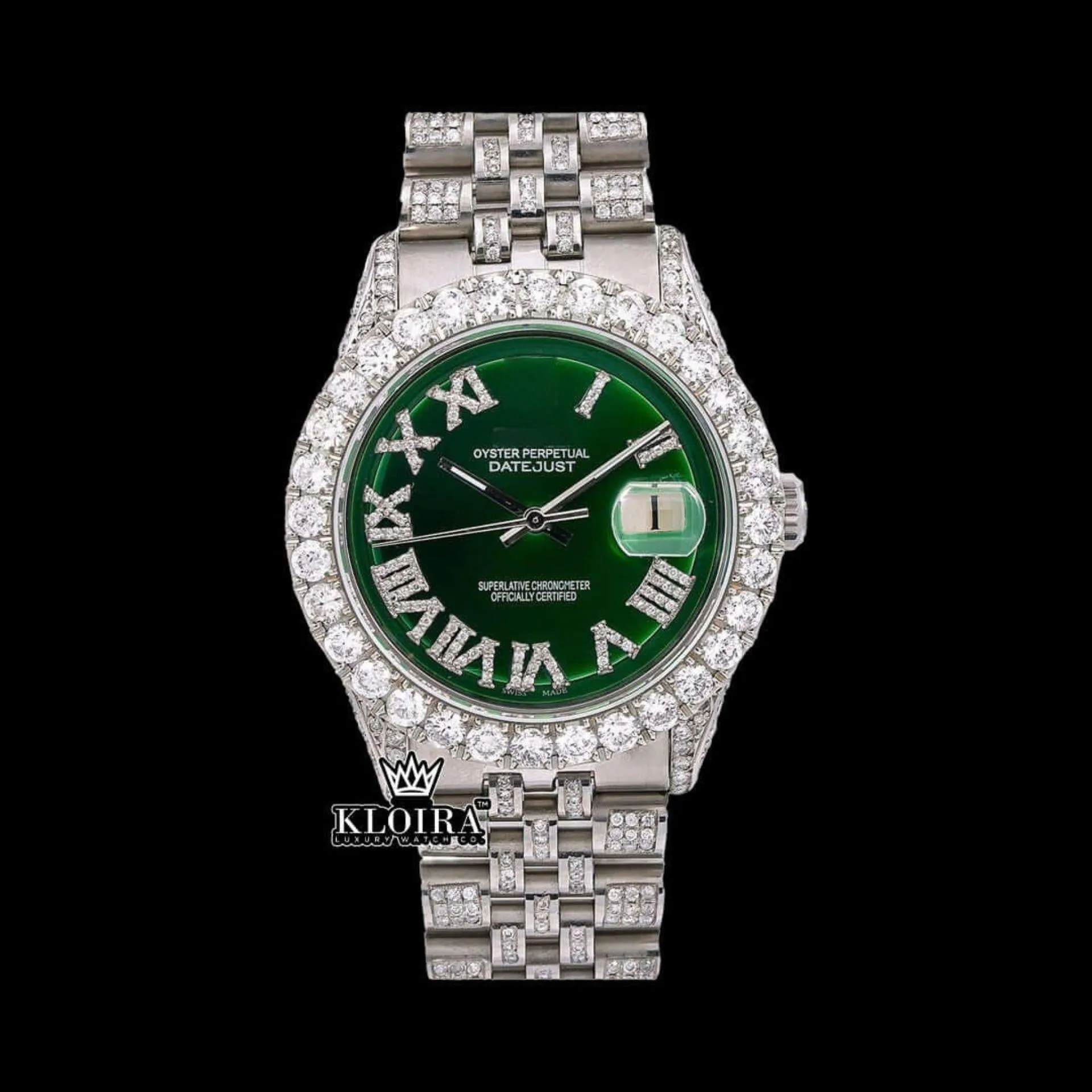 Green Dial Roman Numerals Iced Out Moissanite Diamond Watch Front View
