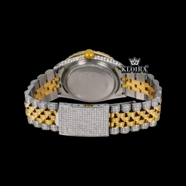 Green Dial Roman Numerals Two Tone Yellow Gold Iced Out Moissanite Watch Caseback View