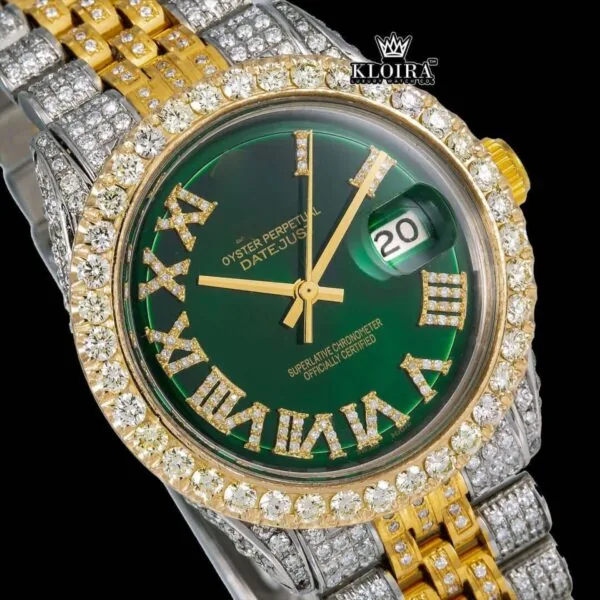 Green Dial Roman Numerals Two Tone Yellow Gold Iced Out Moissanite Watch Close Up Dial View