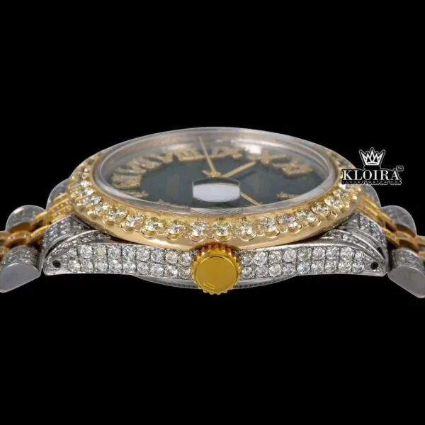 Green Dial Roman Numerals Two Tone Yellow Gold Iced Out Moissanite Watch Crown View