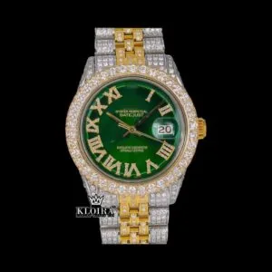 Green Dial Roman Numerals Two Tone Yellow Gold Iced Out Moissanite Watch
