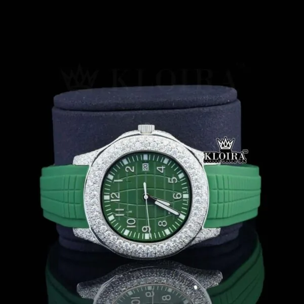 Green Dial Semi Iced Out Silicon Strap Lab Diamond Watch Close Up Front View