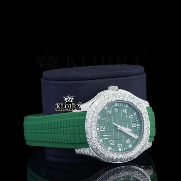 Green Dial Semi Iced Out Silicon Strap Lab Diamond Watch Right Profile View