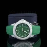Green Dial Semi Iced Out Silicon Strap Moissanite Diamond Watch Close Up Front View