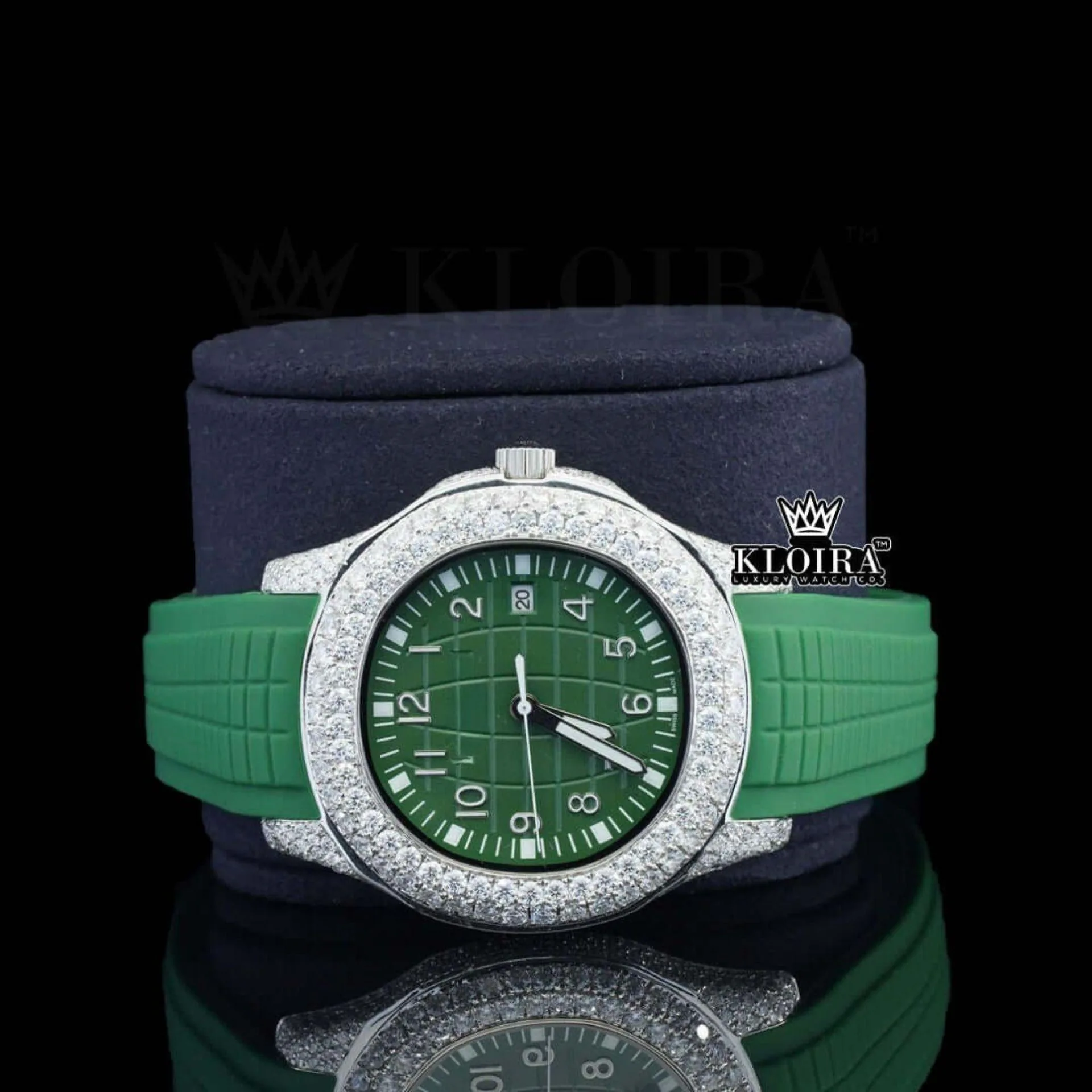Green Dial Semi Iced Out Silicon Strap Moissanite Diamond Watch Close Up Front View