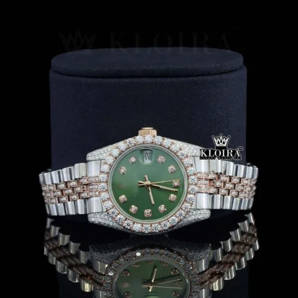 Green Dial Two Tone Rose Silver Moissanite Diamond Watch Close Up Front View