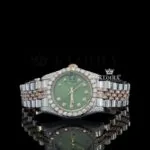 Green Dial Two Tone Rose Silver Moissanite Diamond Watch