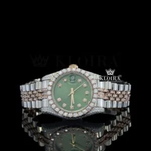 Green Dial Two Tone Rose Silver Moissanite Diamond Watch