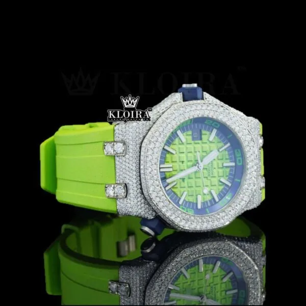 Green Dial White Stick Markers Semi Iced Out Moissanite Diamond Watch Right Profile View