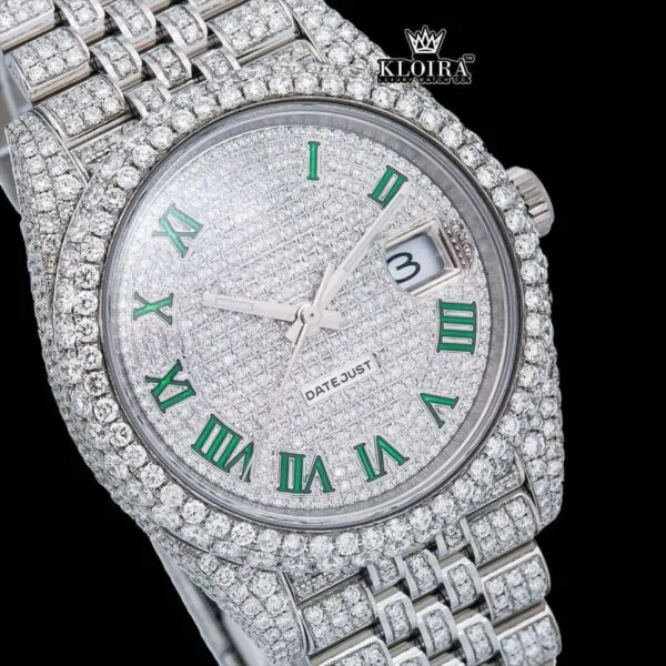 Green Roman Numerals Dial Full Iced Out Moissanite Diamond Watch Close Up Dial View
