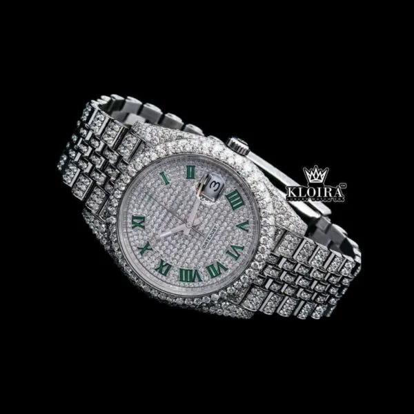 Green Roman Numerals Dial Full Iced Out Moissanite Diamond Watch Close Up Front View