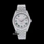 Green Roman Numerals Dial Full Iced Out Moissanite Diamond Watch