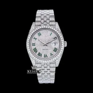 Green Roman Numerals Dial Full Iced Out Moissanite Diamond Watch