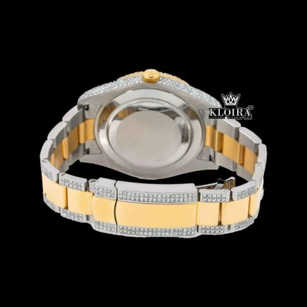Green Roman Numerals Yellow Dial Two Tone Iced Out Moissanite Watch Caseback View
