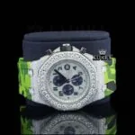 Green Rubber Strap Silver Dial Iced Out Moissanite Diamond Watch Close Up Front View