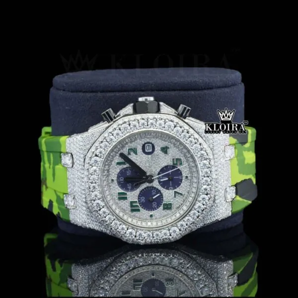 Green Rubber Strap Silver Dial Iced Out Moissanite Diamond Watch Close Up Front View
