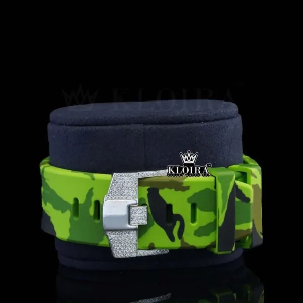 Green Rubber Strap Silver Dial Iced Out Moissanite Diamond Watch Close Up Strap View