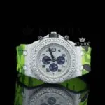 Green Rubber Strap Silver Dial Iced Out Moissanite Diamond Watch Front View