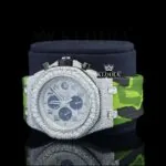 Green Rubber Strap Silver Dial Iced Out Moissanite Diamond Watch Left Profile View