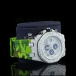 Green Rubber Strap Silver Dial Iced Out Moissanite Diamond Watch Right Profile View
