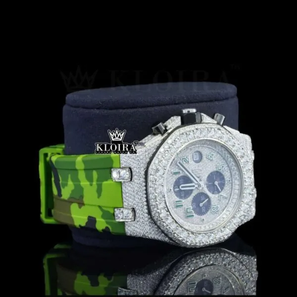 Green Rubber Strap Silver Dial Iced Out Moissanite Diamond Watch Right Profile View