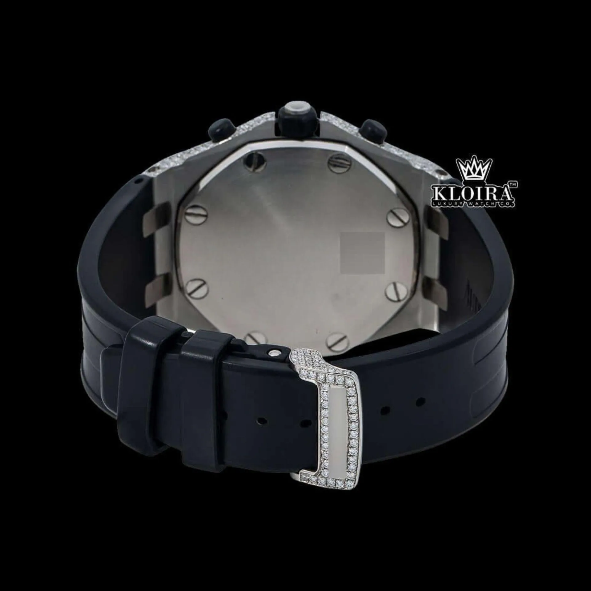 Iced Out Bezel Black Dial Rubber Strap Moissanite Diamond Watch Caseback View