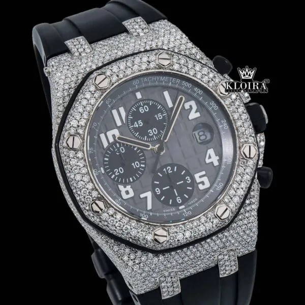 Iced Out Bezel Black Dial Rubber Strap Moissanite Diamond Watch Close Up Dial View