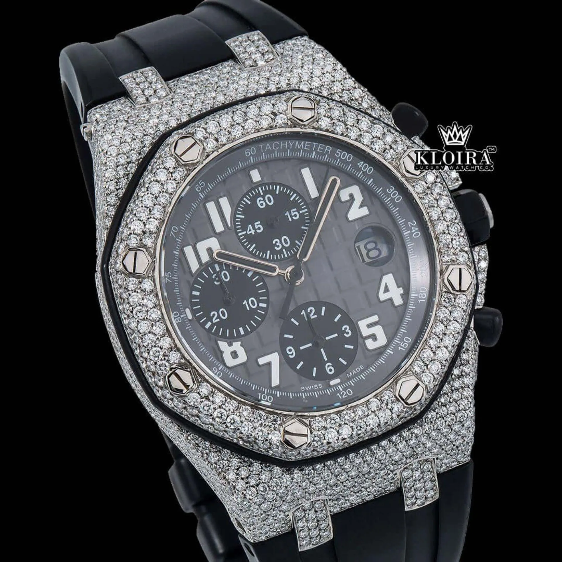Iced Out Bezel Black Dial Rubber Strap Moissanite Diamond Watch Close Up Dial View