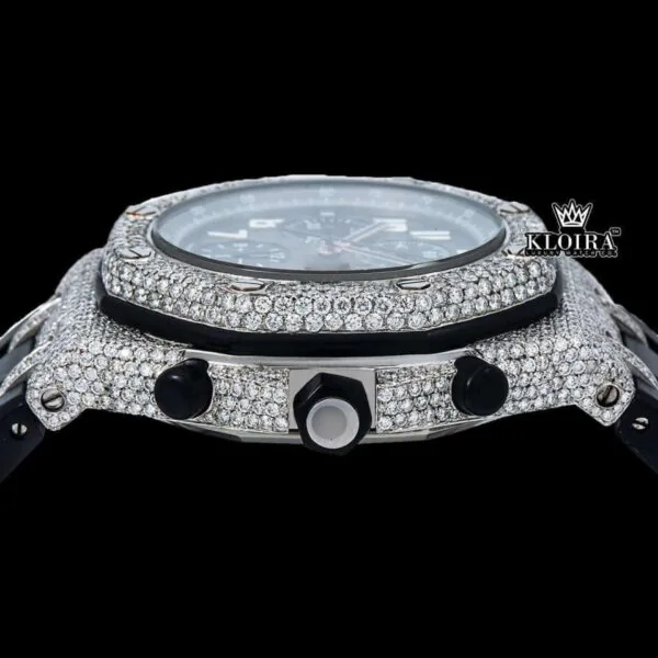 Iced Out Bezel Black Dial Rubber Strap Moissanite Diamond Watch Crown View